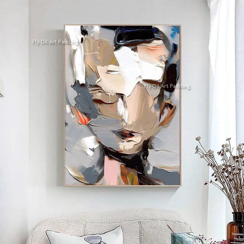 Palette Knife Canvas Art Painting Large Frameless Hand Painted Thick Texture Abstract Face Oil Painting Modern Artwork Decor