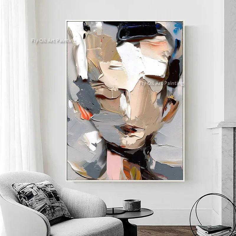 Palette Knife Canvas Art Painting Large Frameless Hand Painted Thick Texture Abstract Face Oil Painting Modern Artwork Decor