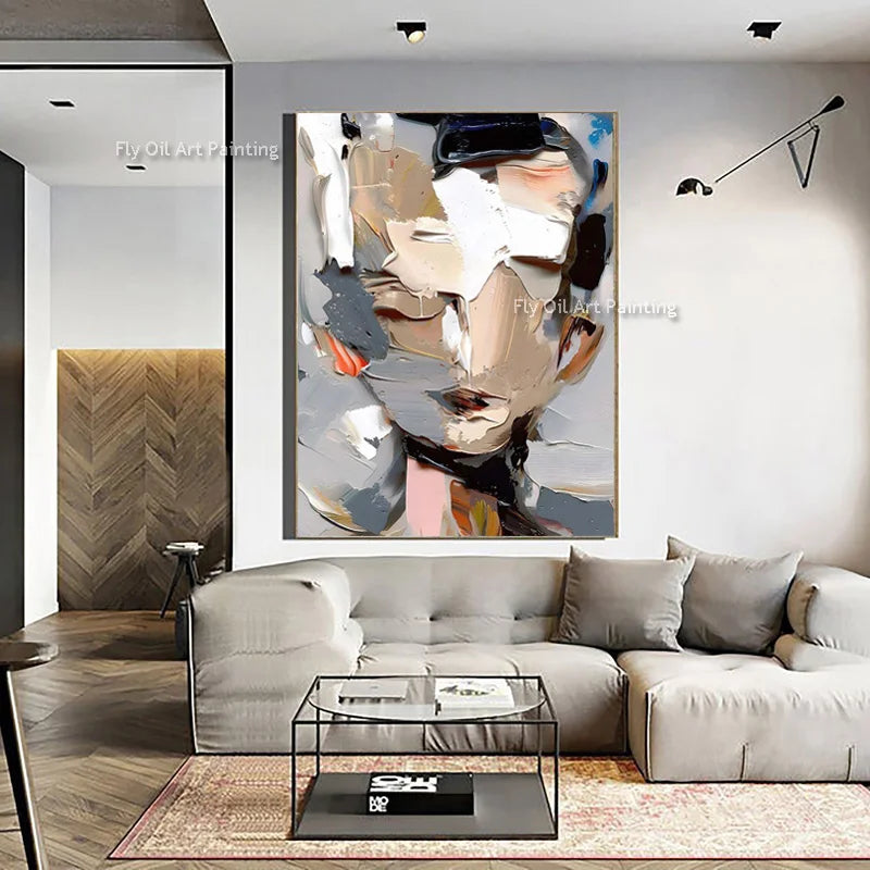 Palette Knife Canvas Art Painting Large Frameless Hand Painted Thick Texture Abstract Face Oil Painting Modern Artwork Decor