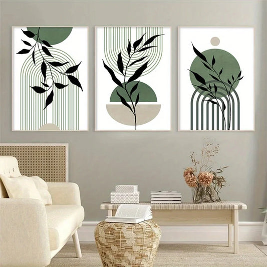 3pcs Sage Green Boho Wall Art Green Black Beige Abstract Mid-Century Poster Modern Botanical Living Room Bedroom Wall Decoration