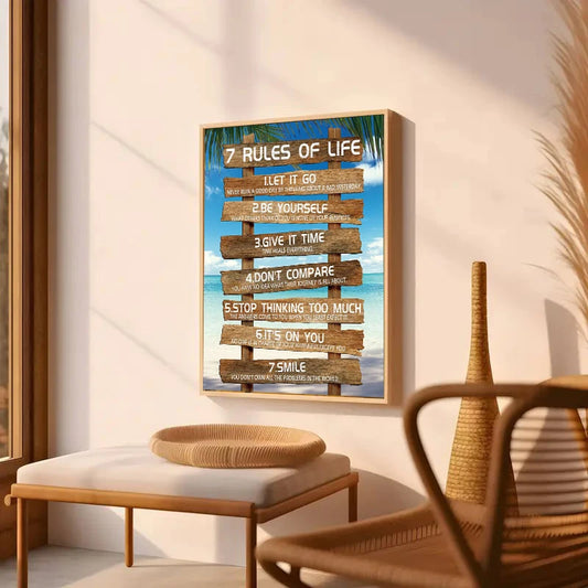 Inspirational Wall Art - 7 Rules of Life Motivational Canvas Wall Decor Beach Positive Quotes Living Room Art Gift for Bedroom