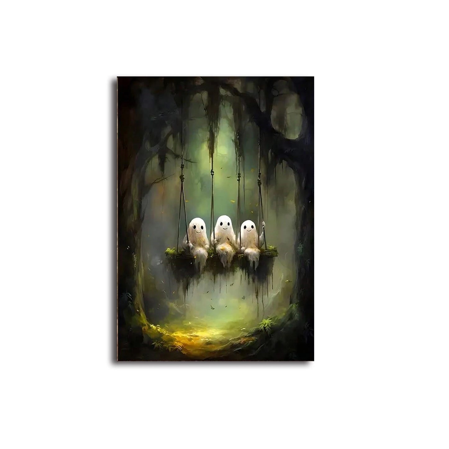Retro Cute Ghost Companion & Reads Book Canvas Prints Monster Holds Black Cat Wall Art Poster for Living Room Halloween Decor