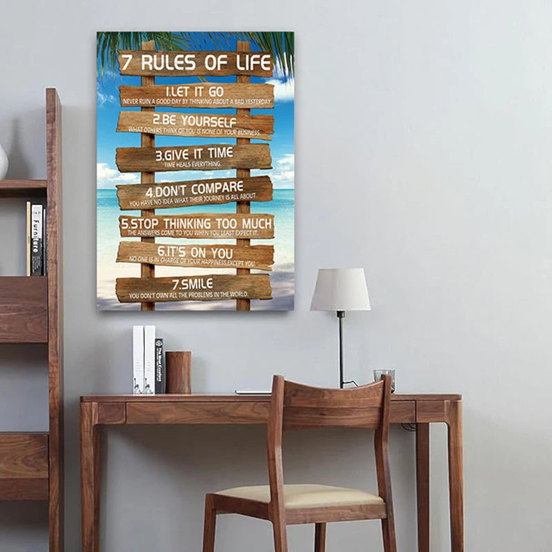 Inspirational Wall Art - 7 Rules of Life Motivational Canvas Wall Decor Beach Positive Quotes Living Room Art Gift for Bedroom
