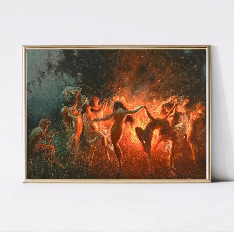 Joseph Tomanek Witches Magic Nymphs Poster – Retro Fire Dance Canvas Wall Art for Living Room Decor