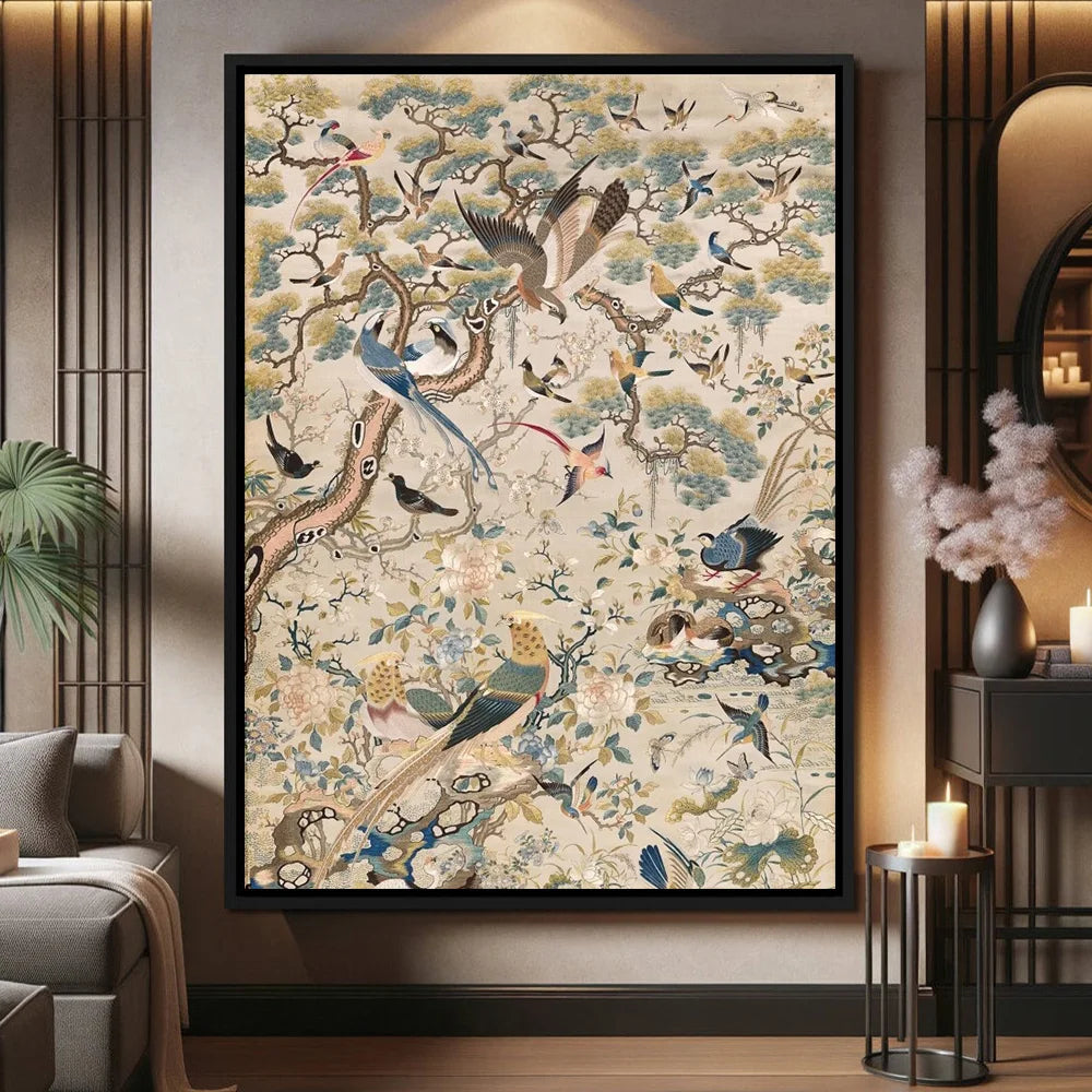 Retro Medieval Flowers & Birds Canvas – Tropical Wall Art Print for Home Decor