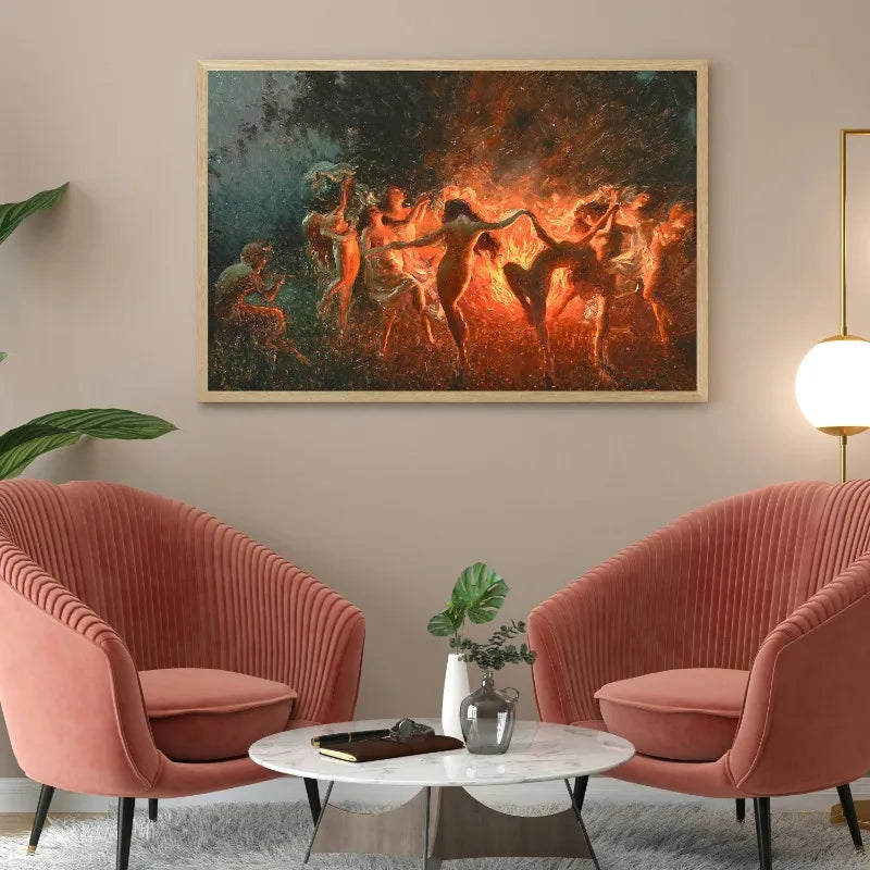 Joseph Tomanek Witches Magic Nymphs Poster – Retro Fire Dance Canvas Wall Art for Living Room Decor