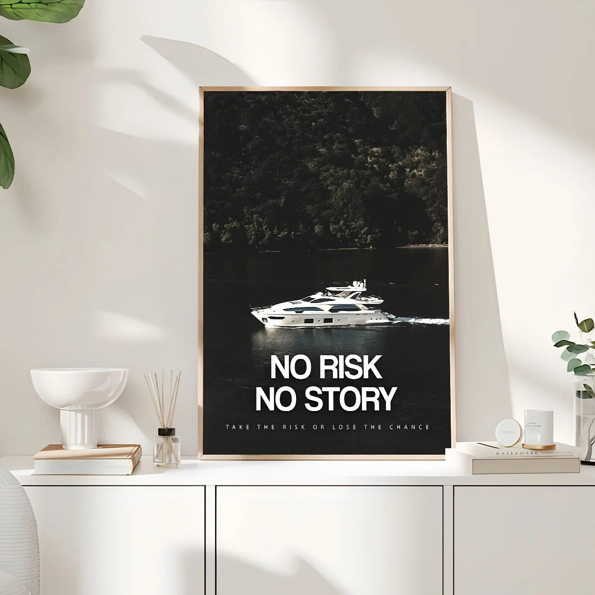 1pc Unframed Canvas Poster - Modern Art "No Risk No Story" Motivational Wall Decor with Luxury Yacht & Nature Scene, High-Qualit