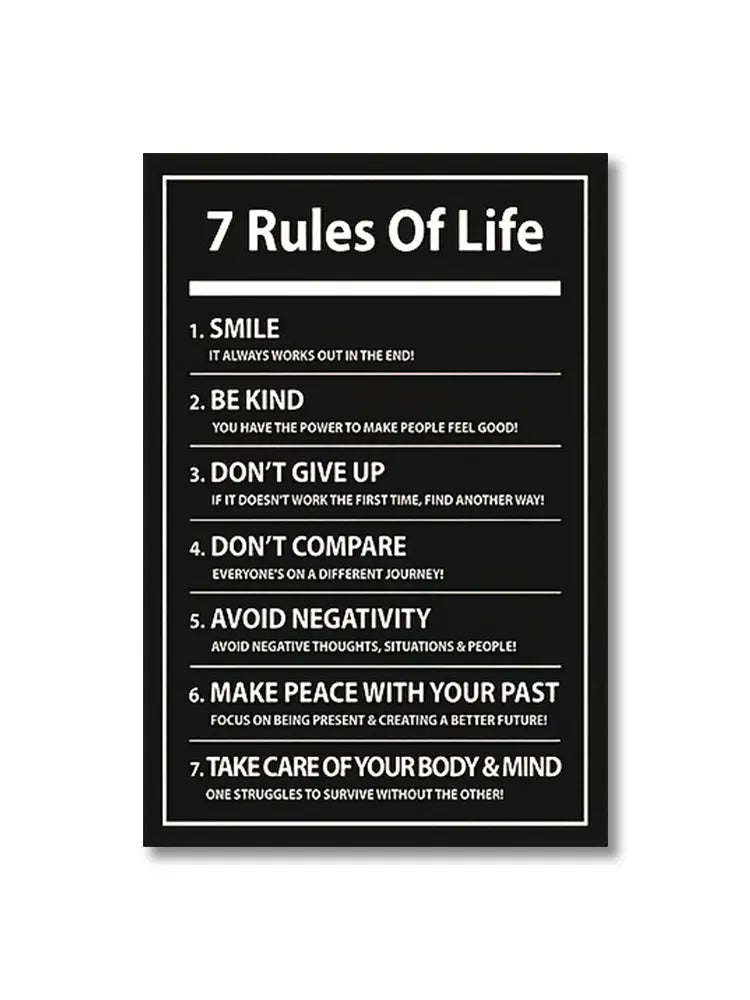 7 Rules of Life: Inspiring Letter Black Prints Motivational Quote Canvas Poster for Home Office Decor