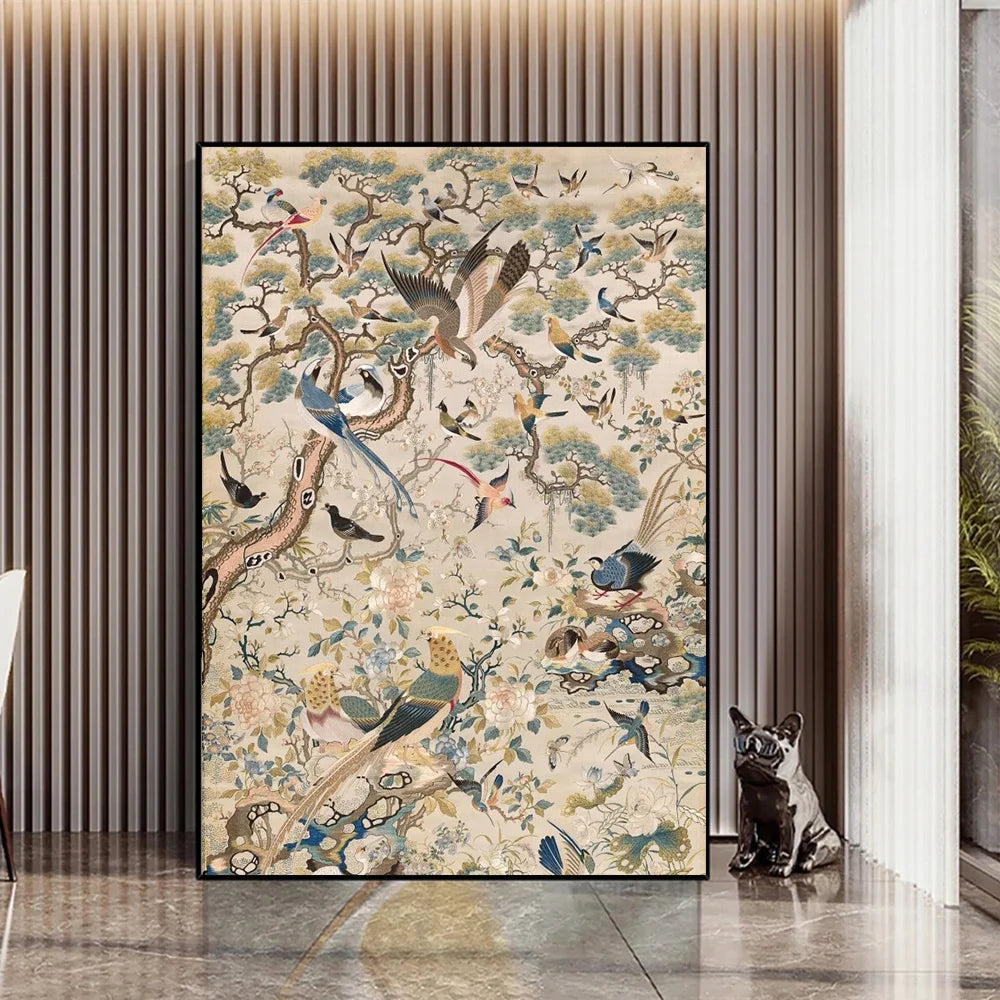 Retro Medieval Flowers & Birds Canvas – Tropical Wall Art Print for Home Decor