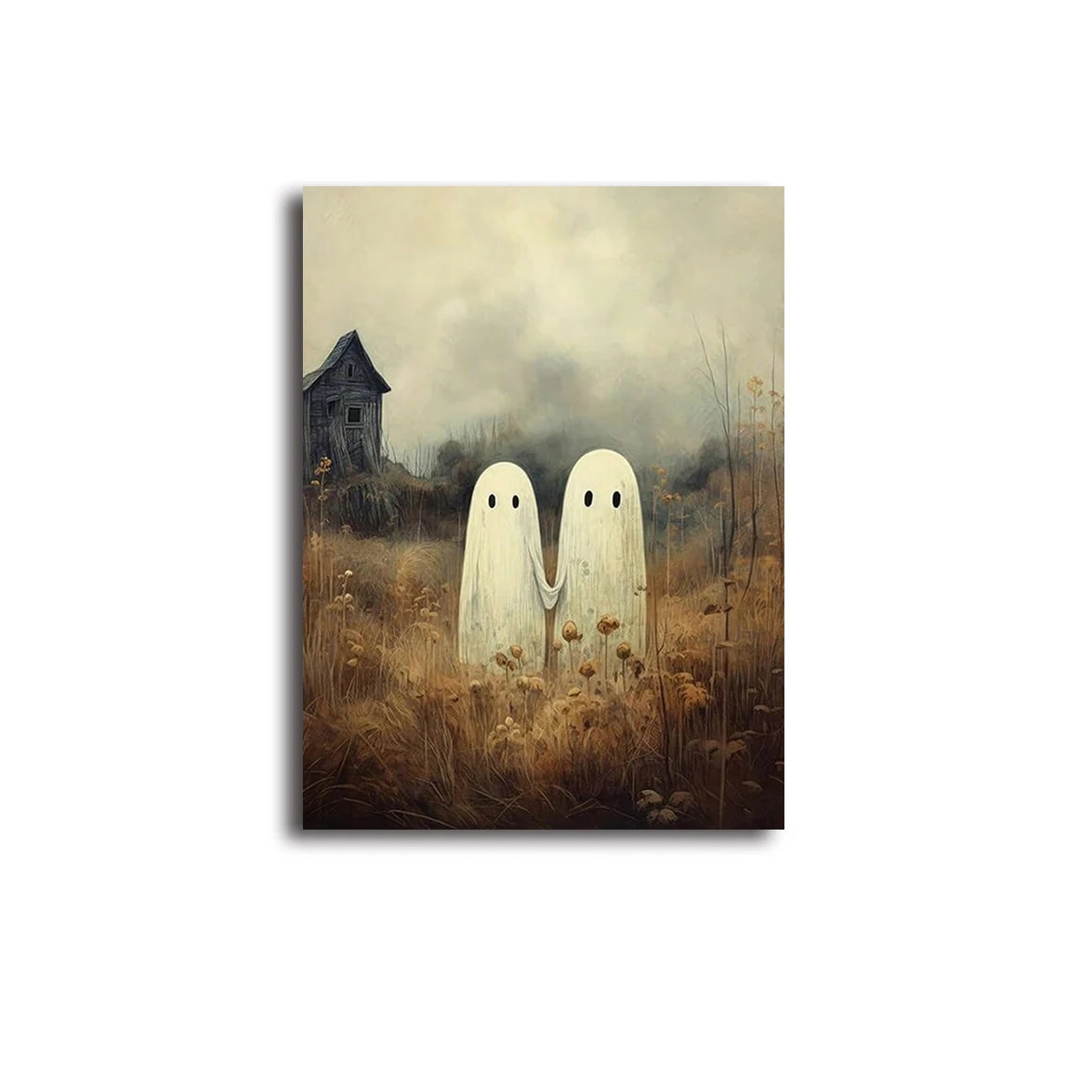 Retro Cute Ghost Companion & Reads Book Canvas Prints Monster Holds Black Cat Wall Art Poster for Living Room Halloween Decor