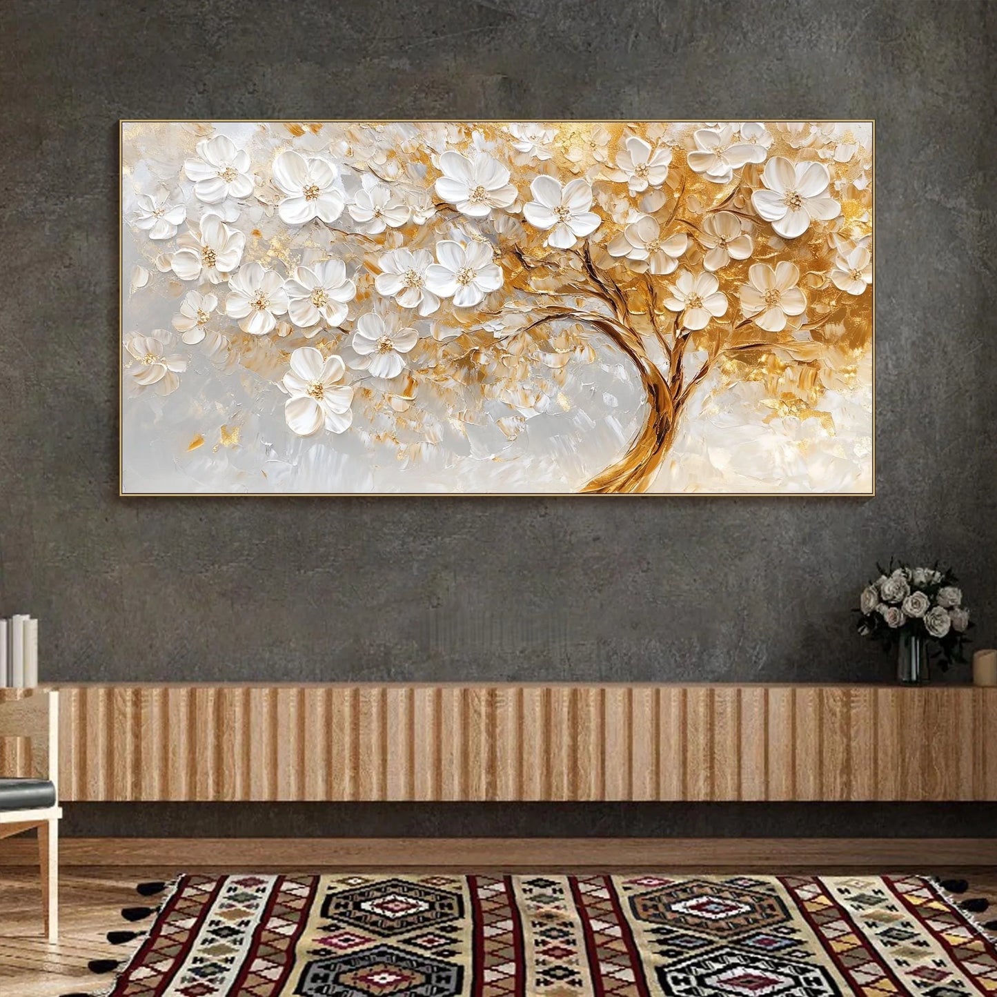 Abstract 3D Texture Light Luxury Gold Foil Flower Posters Art Modern Simple Fortune Tree Canvas Painting Living Room Home Decor