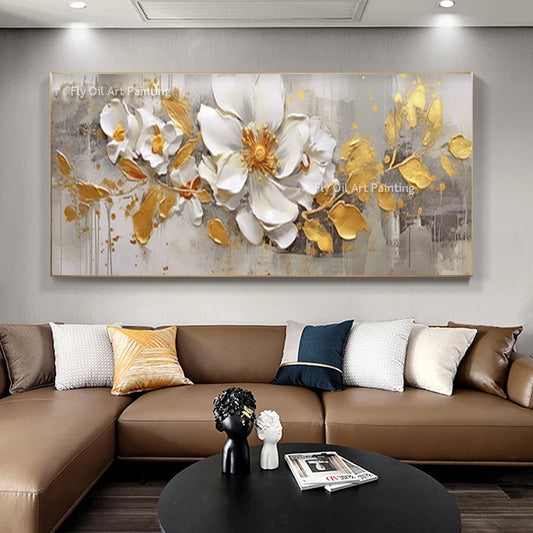 Handmade 3D Gold Flower Oil Painting – Abstract Knife Canvas Wall Art