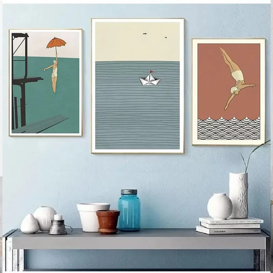 Vintage Surfing Beach Poster – Abstract Female Diver Canvas Painting for Living Room Decor