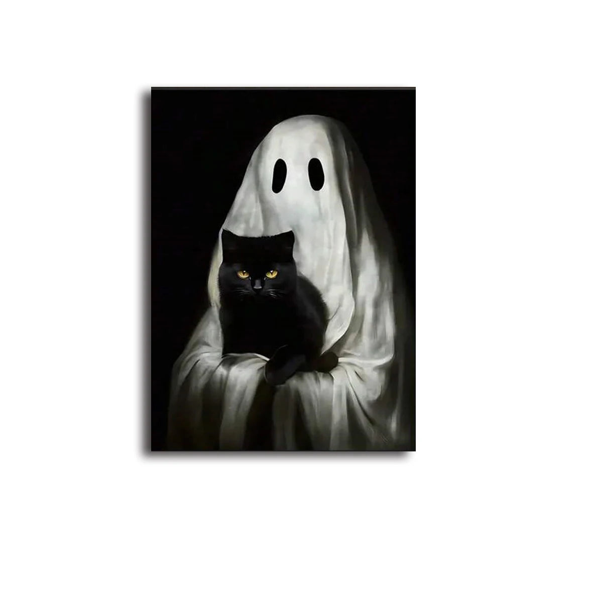 Retro Cute Ghost Companion & Reads Book Canvas Prints Monster Holds Black Cat Wall Art Poster for Living Room Halloween Decor
