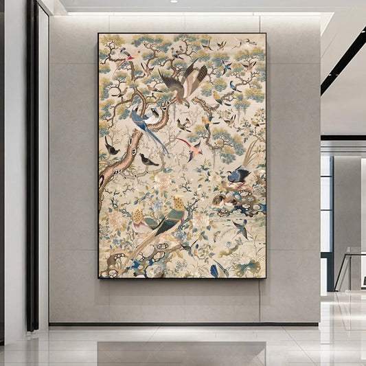 Retro Medieval Flowers & Birds Canvas – Tropical Wall Art Print for Home Decor