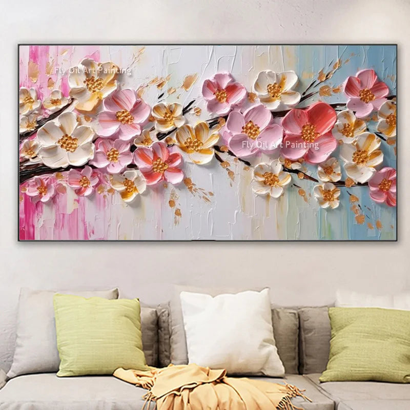 Handmade 3D Gold Flower Oil Painting – Abstract Knife Canvas Wall Art