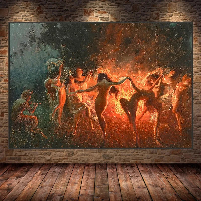 Joseph Tomanek Witches Magic Nymphs Poster – Retro Fire Dance Canvas Wall Art for Living Room Decor