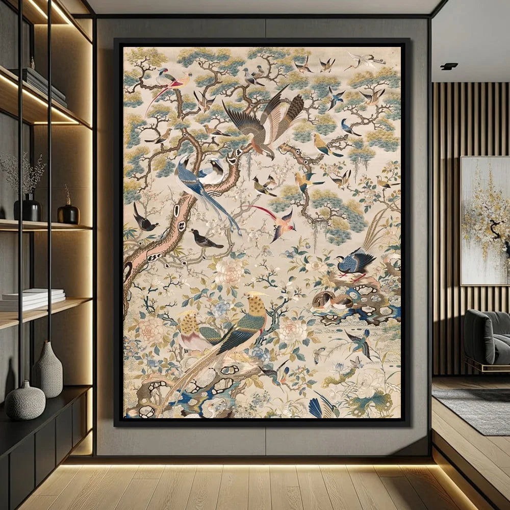 Retro Medieval Flowers & Birds Canvas – Tropical Wall Art Print for Home Decor