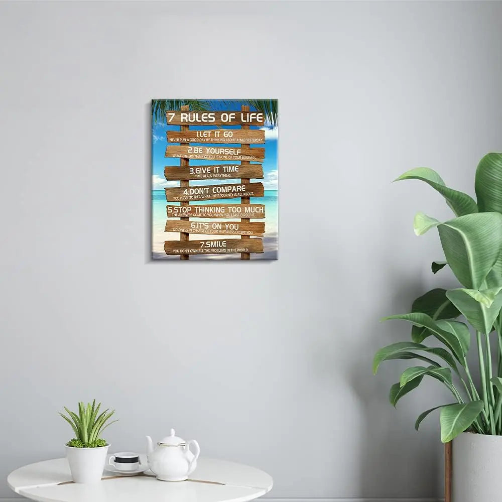Inspirational Wall Art - 7 Rules of Life Motivational Canvas Wall Decor Beach Positive Quotes Living Room Art Gift for Bedroom