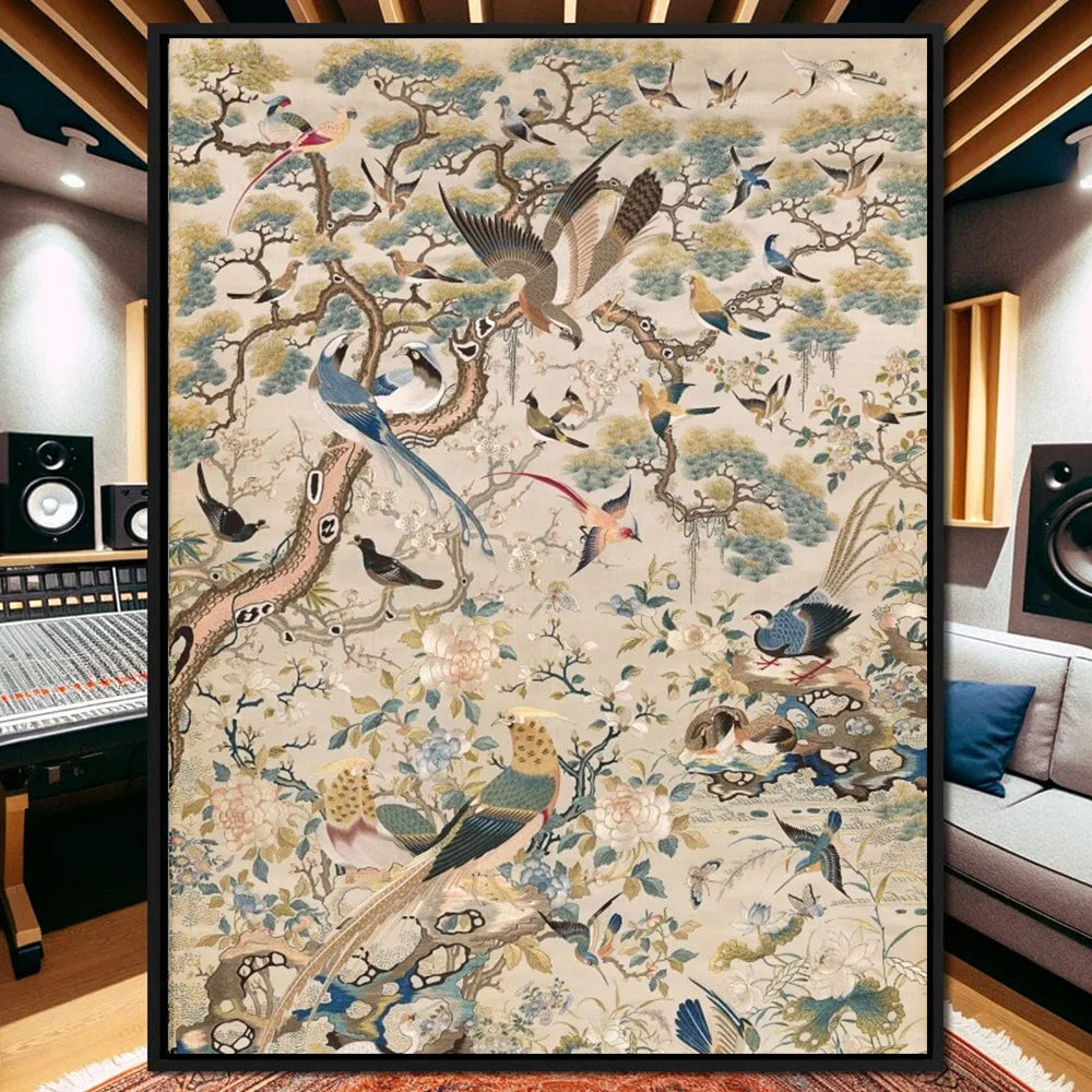 Retro Medieval Flowers & Birds Canvas – Tropical Wall Art Print for Home Decor