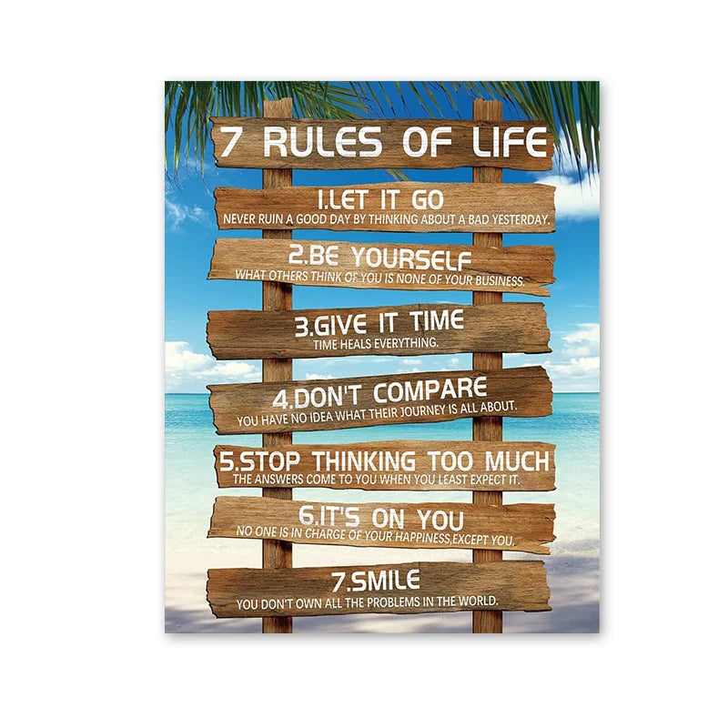 Inspirational Wall Art - 7 Rules of Life Motivational Canvas Wall Decor Beach Positive Quotes Living Room Art Gift for Bedroom