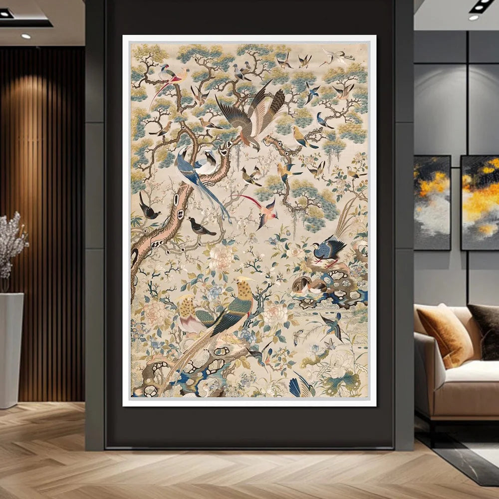 Retro Medieval Flowers & Birds Canvas – Tropical Wall Art Print for Home Decor