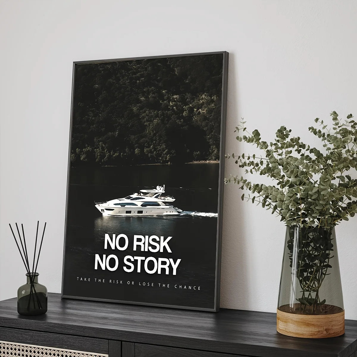 1pc Unframed Canvas Poster - Modern Art "No Risk No Story" Motivational Wall Decor with Luxury Yacht & Nature Scene, High-Qualit