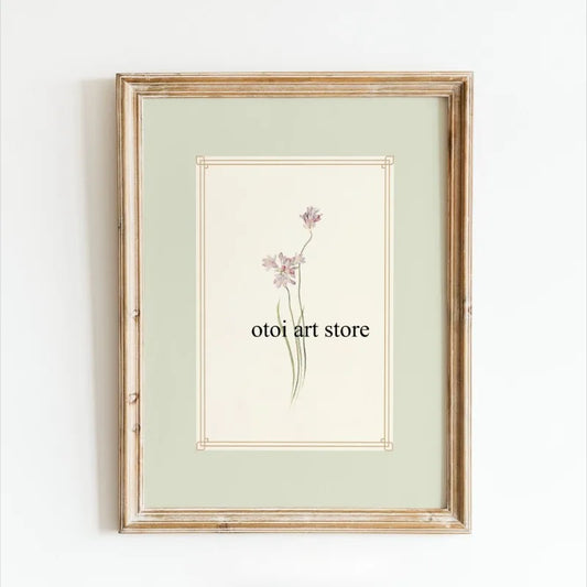 Vintage Minimalist Sage Green Floral Canvas – Antique Botanical Wall Art for Living Room Decor