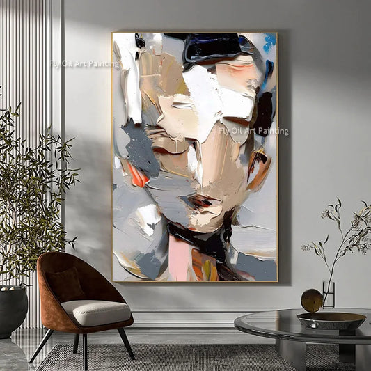 Palette Knife Canvas Art Painting Large Frameless Hand Painted Thick Texture Abstract Face Oil Painting Modern Artwork Decor