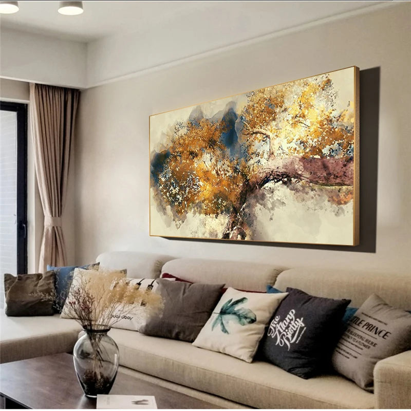 Modern Abstract Posters and Prints Wall Art Canvas Painting Abstract Golden Money Trees Pictures for Living Room Decor No Frame