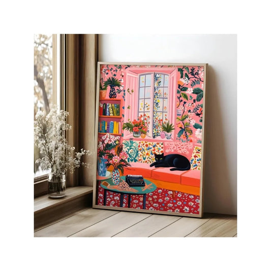 Henri Matisse Print,Black Cat Matisse Poster,Pinkly Room Wall Decor,Modern Wall Art,Open Window Art,Henri Inspired Art Digital