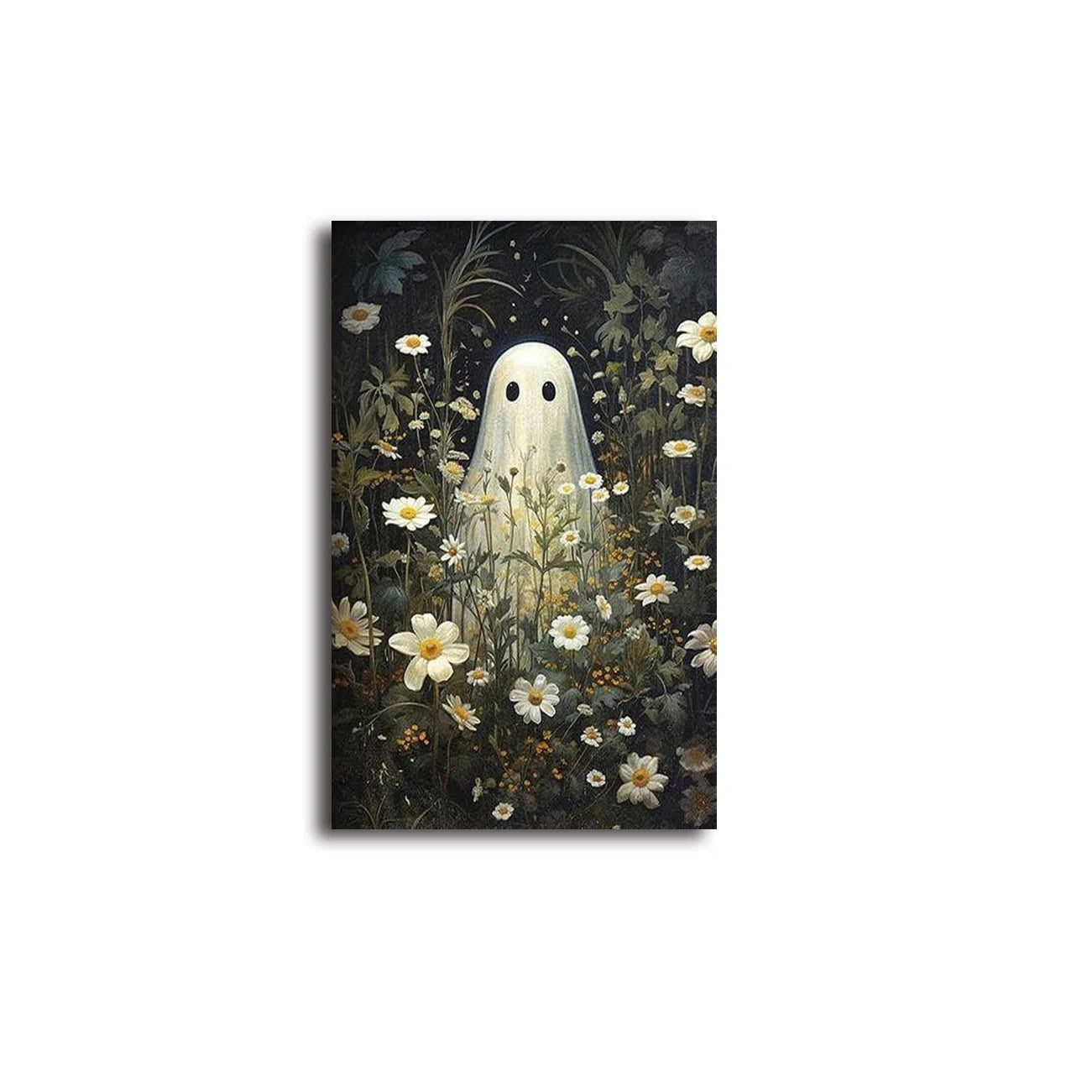 Retro Cute Ghost Companion & Reads Book Canvas Prints Monster Holds Black Cat Wall Art Poster for Living Room Halloween Decor