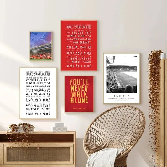 You'll Never Walk Alone Lyrics Poster Art Prints, Football Stadium ANFIELD Photography Picture Black White Canvas Painting Decor