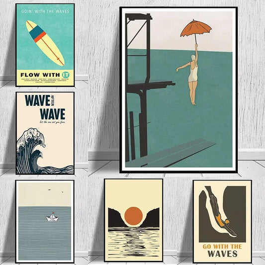 Vintage Surfing Beach Poster – Abstract Female Diver Canvas Painting for Living Room Decor