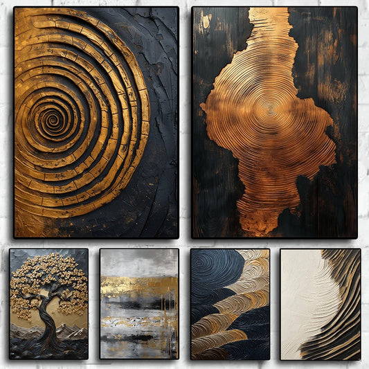 Luxury Abstract Spiral Black & Gold Tree of Life Canvas – Waves Poster Wall Art for Home Decor & Gift