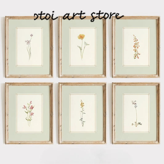 Vintage Minimalist Sage Green Floral Canvas – Antique Botanical Wall Art for Living Room Decor