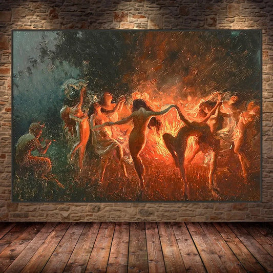 Joseph Tomanek Witches Magic Nymphs Poster – Retro Fire Dance Canvas Wall Art for Living Room Decor