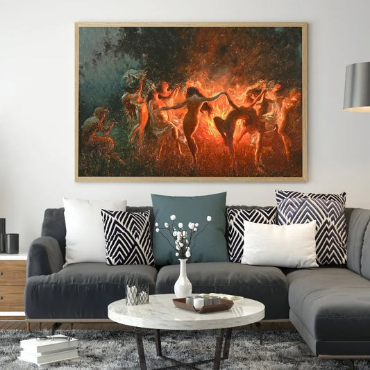 Joseph Tomanek Witches Magic Nymphs Poster – Retro Fire Dance Canvas Wall Art for Living Room Decor