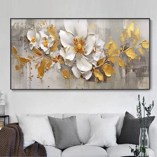 Handmade 3D Gold Flower Oil Painting – Abstract Knife Canvas Wall Art