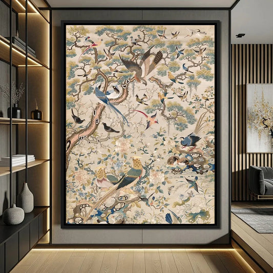 Retro Medieval Flowers & Birds Canvas – Tropical Wall Art Print for Home Decor