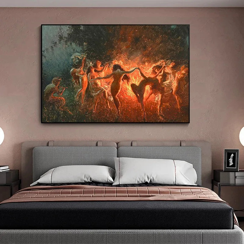 Joseph Tomanek Witches Magic Nymphs Poster – Retro Fire Dance Canvas Wall Art for Living Room Decor