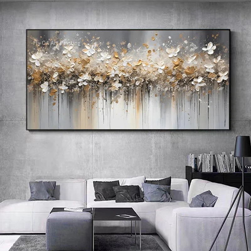Handmade 3D Gold Flower Oil Painting – Abstract Knife Canvas Wall Art